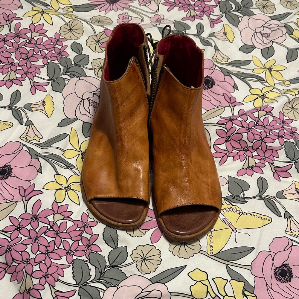 Bed Stu Tan Leather Open-Toe Ankle Booties